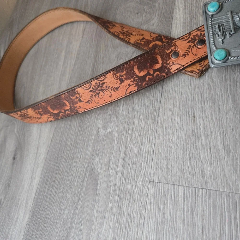Sissie & Me Brown Leather Belt 32 Western Rodeo Turquoise Buckle Ursula Lewis